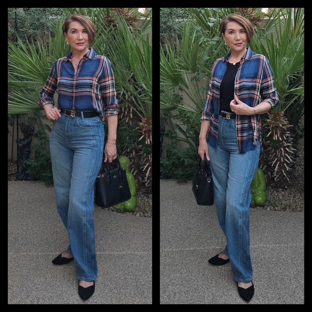 EUC Workshop Casual Plaid Button Down Shirt with Fringes, Size XS
